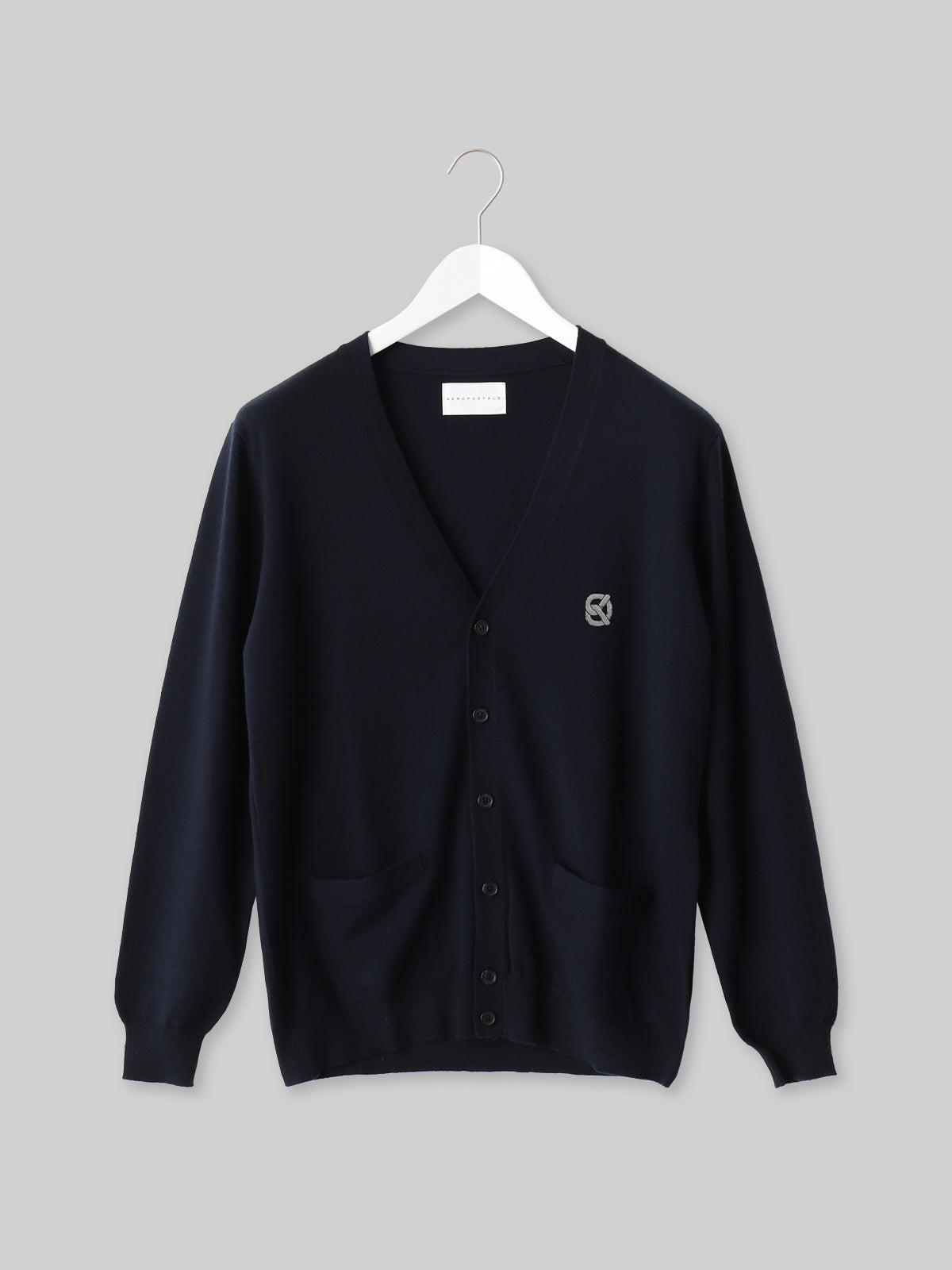 DOKKYO gim knit cardigan with Bretzel logo, navy