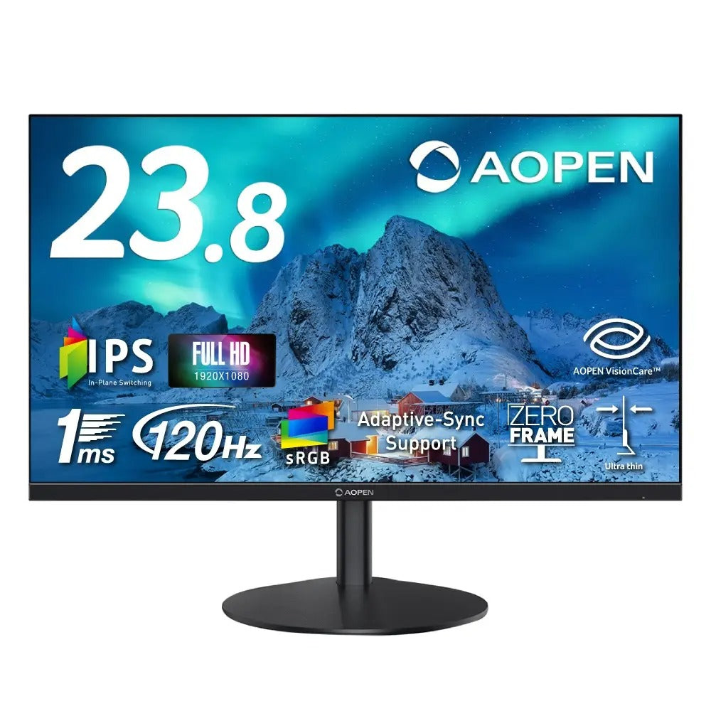 AOPEN 23.8インチ フルHD(1920×1080) IPS 非光沢 120Hz 1ms(TVR) sRGB 99% Adaptive-Sync ゼロフレーム 超薄型 HDMI 1.4 ミニD-Sub 15ピン ブルーライト低減 6軸カラー VESAマウント対応 ブラック スタンダードモニター 24SB3YG0bi
