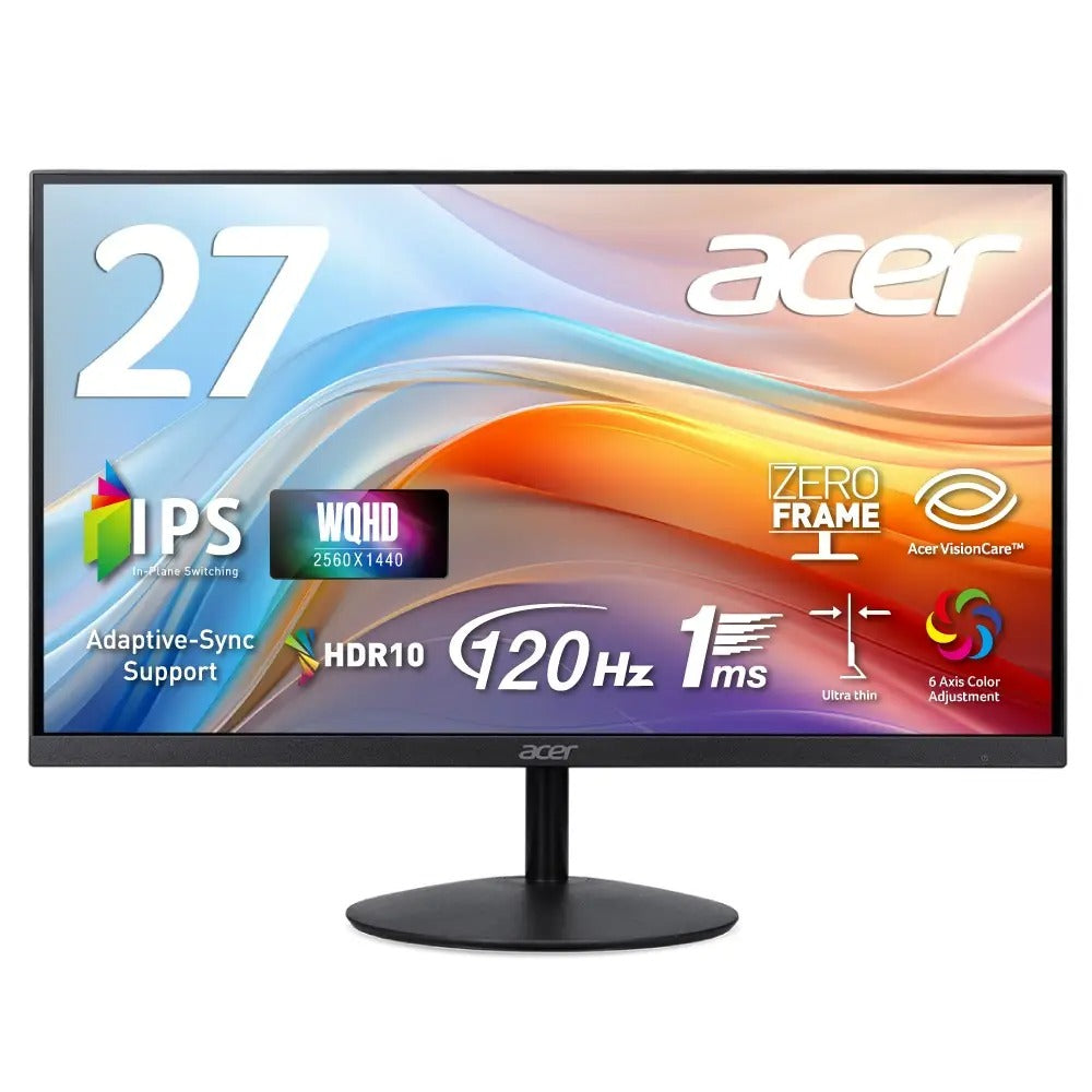 Acer モニター 27インチ WQHD 16:9 IPS 非光沢 NTSC 72% 1ms(VRB) 120Hz Adaptive-Sync HDR10 スピーカー内蔵 ヘッドホン端子 ゼロフレーム 超薄型デザイン HDMI 2.0 DisplayPort v1.2 ブルーライト低減 6軸カラー調整 VESAマウント対応 SA272UG0bmiipx