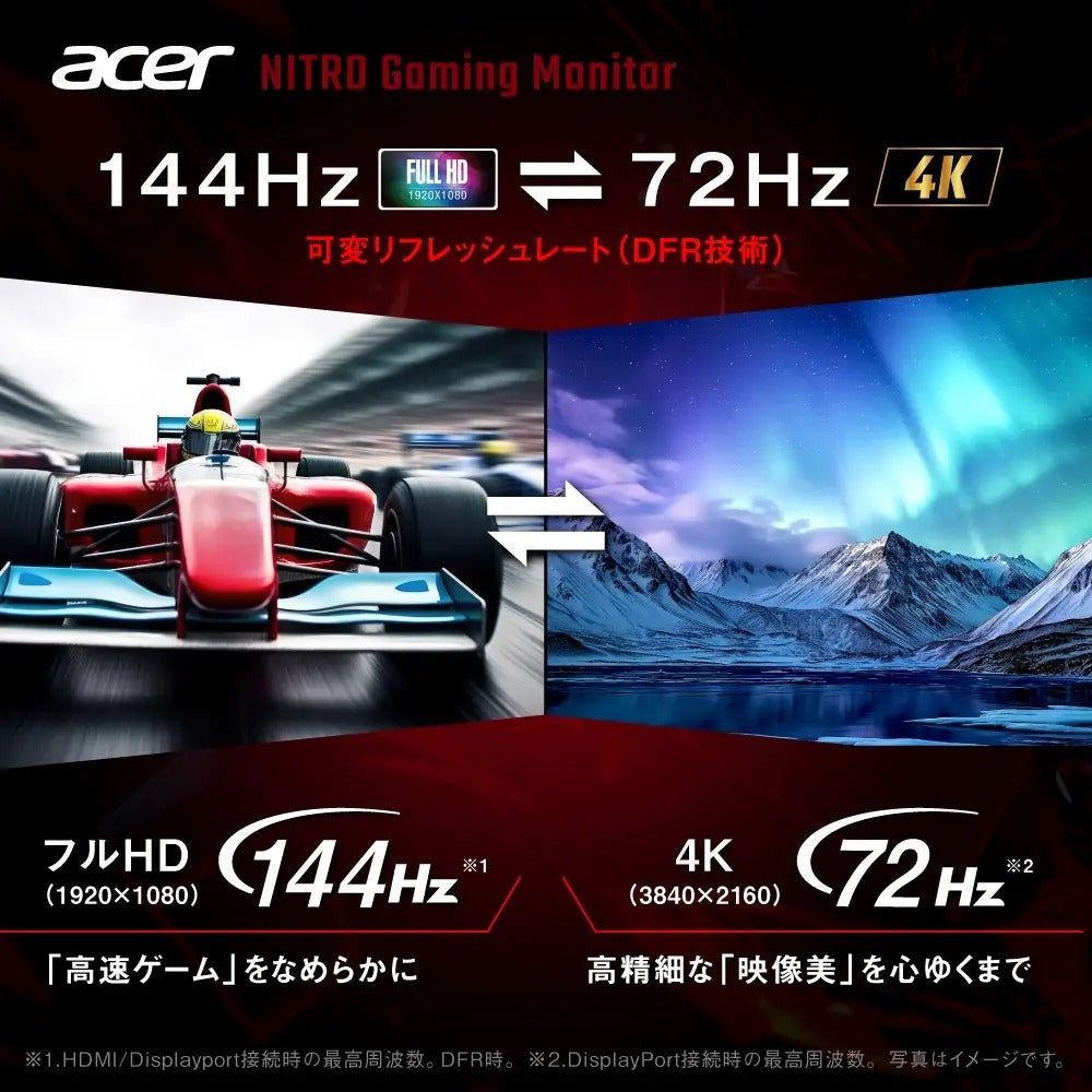 Acer Nitro 27インチ IPS 可変リフレッシュレート 144Hz(FHD) 72Hz(4K) 1ms 非光沢 10億7000万色 DCI-P3 95% AMD FreeSync HDR10 ブルーライト低減 ブラックブースト HDMI 2.0 DisplayPort v1.4 スピーカー・ヘッドホン端子 ゲーミングモニター 3年保証(パネルは1年) KG272KL1bmiipx