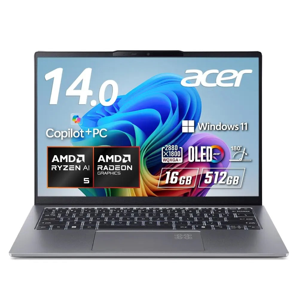 Acer Swift Go 14 ノートパソコンAI Ryzen AI 5 OLED DCI-P3 100% WQXGA＋ 16:10 16GBメモリ 512GB SSD 14インチ 薄型軽量 アルミニウム 1.28Kg 16時間駆動 360万画素 Webカメラ 指紋認証 Wi-Fi 7 Eyesafe 日本語キーボード Copilot＋PC スパークリーシルバー SFG14-64-N56Y
