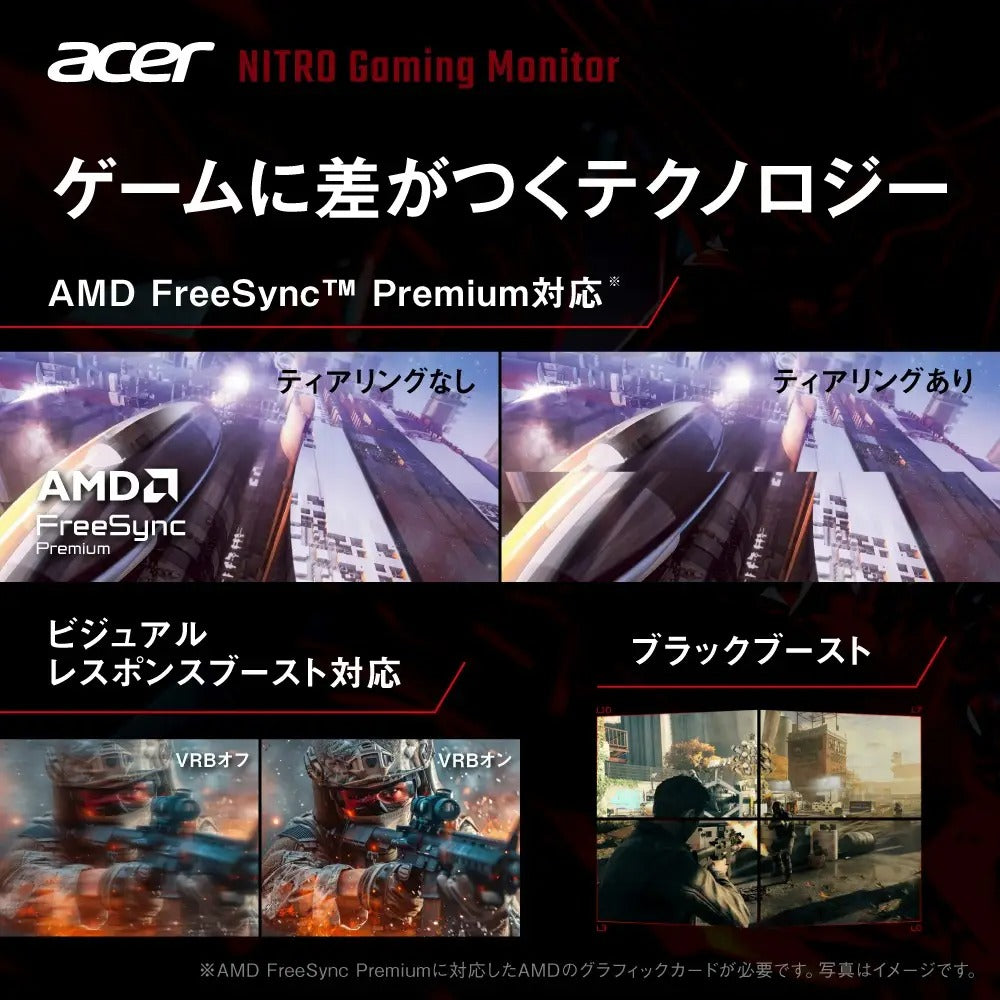 Acer Nitro ゲーミングモニター 23.8インチ フルHD IPS 非光沢 エルゴスタンド 200Hz 0.5ms (GTG, Min.) sRGB 99% AMD FreeSync Premium ブラックブースト HDR10 VRB ブルーライト低減 HDMI 2.0 DisplayPort v1.2 スピーカー・ヘッドホン端子 VESAマウント対応 XF243YX1bmiiprx